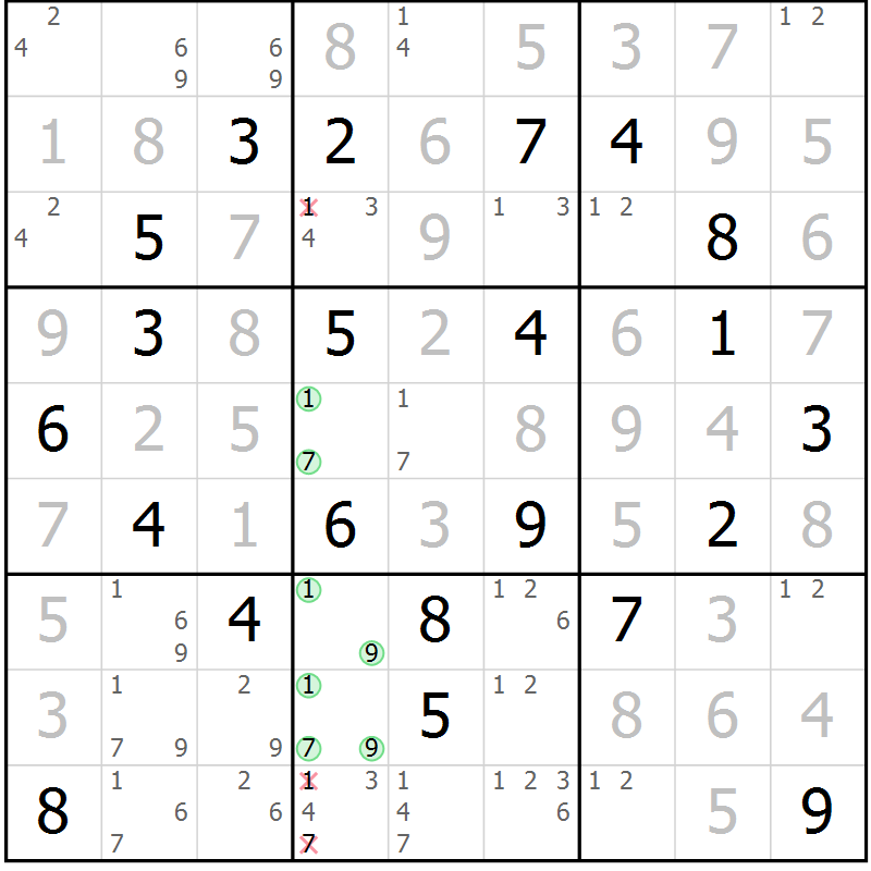 Position des candidats pour la solution de la Gr 125 page 128 du magazine de sudoku Giga sudoku niv 6-8 n° 024