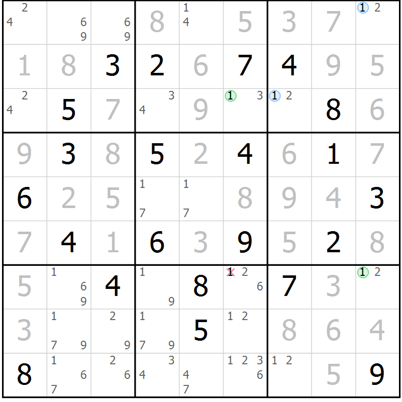 Position des candidats pour la solution de la Gr 125 page 128 du magazine de sudoku Giga sudoku niv 6-8 n° 024