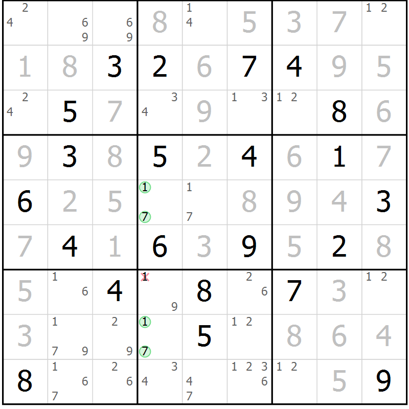 Position des candidats pour la solution de la Gr 125 page 128 du magazine de sudoku Giga sudoku niv 6-8 n° 024
