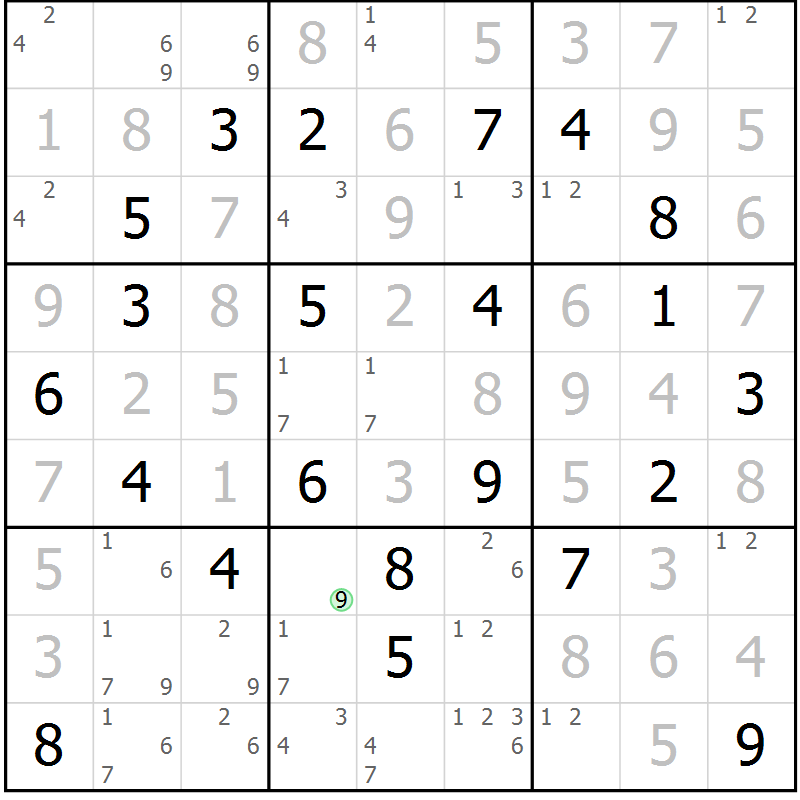 Position des candidats pour la solution de la Gr 125 page 128 du magazine de sudoku Giga sudoku niv 6-8 n° 024