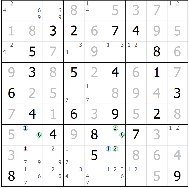 Position des candidats pour la solution de la Gr 125 page 128 du magazine de sudoku Giga sudoku niv 6-8 n° 024