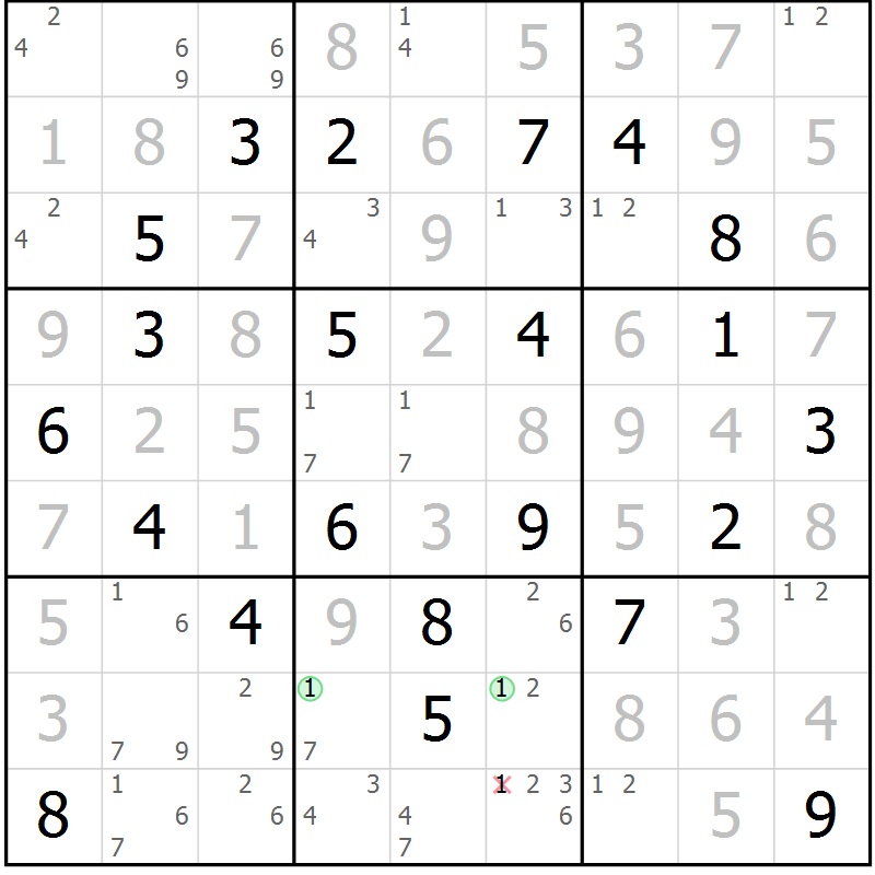 Position des candidats pour la solution de la Gr 125 page 128 du magazine de sudoku Giga sudoku niv 6-8 n° 024