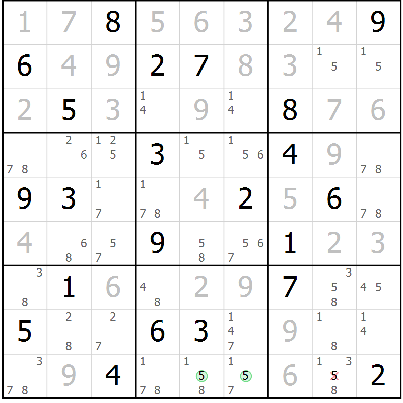Position des candidats pour la solution de la Gr 126 page 129 du magazine de sudoku Giga sudoku niv 6-8 n° 024