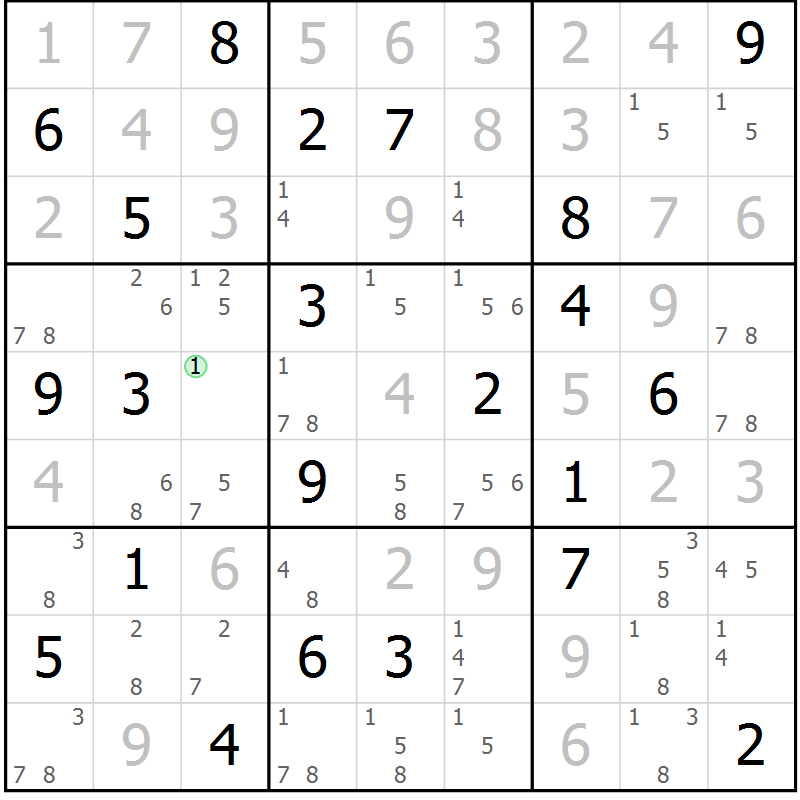 Position des candidats pour la solution de la Gr 126 page 129 du magazine de sudoku Giga sudoku niv 6-8 n° 024