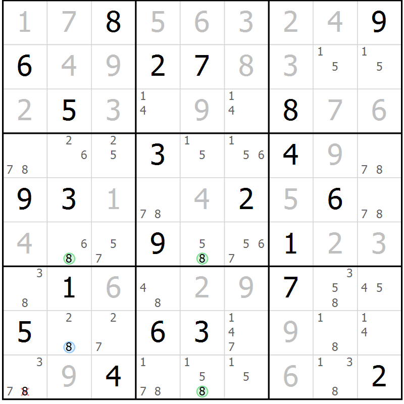 Position des candidats pour la solution de la Gr 126 page 129 du magazine de sudoku Giga sudoku niv 6-8 n° 024