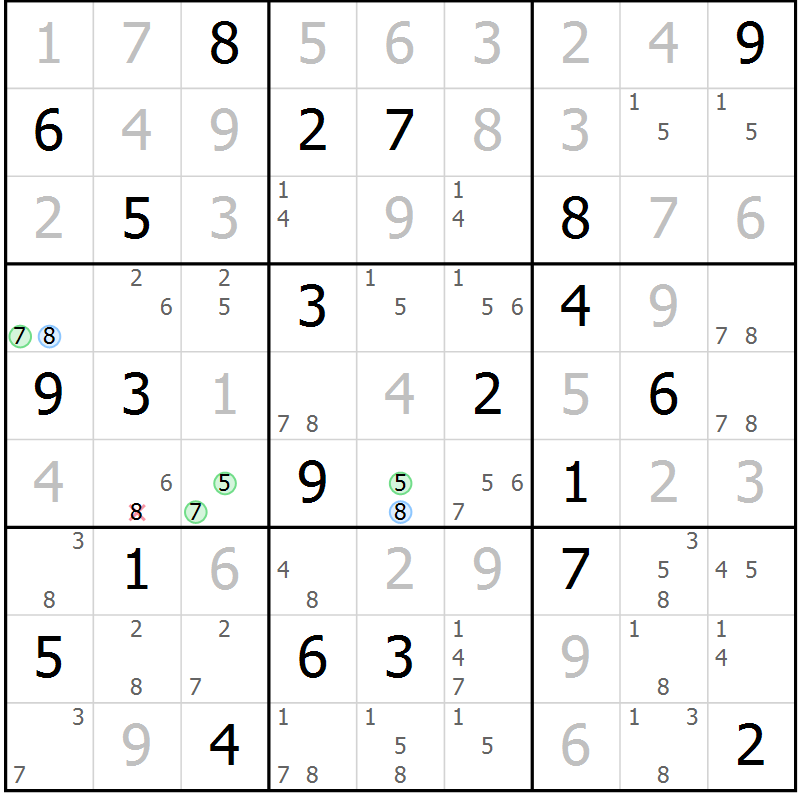 Position des candidats pour la solution de la Gr 126 page 129 du magazine de sudoku Giga sudoku niv 6-8 n° 024