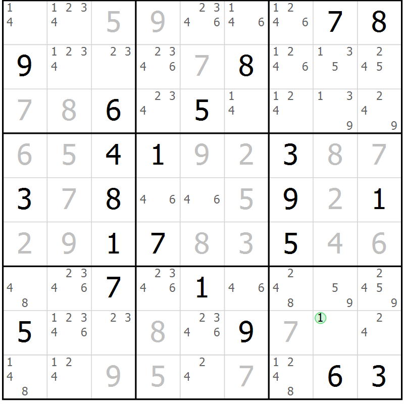 Position des candidats pour la solution de la Gr 127 page 130 du magazine de sudoku Giga sudoku niv 6-8 n° 024
