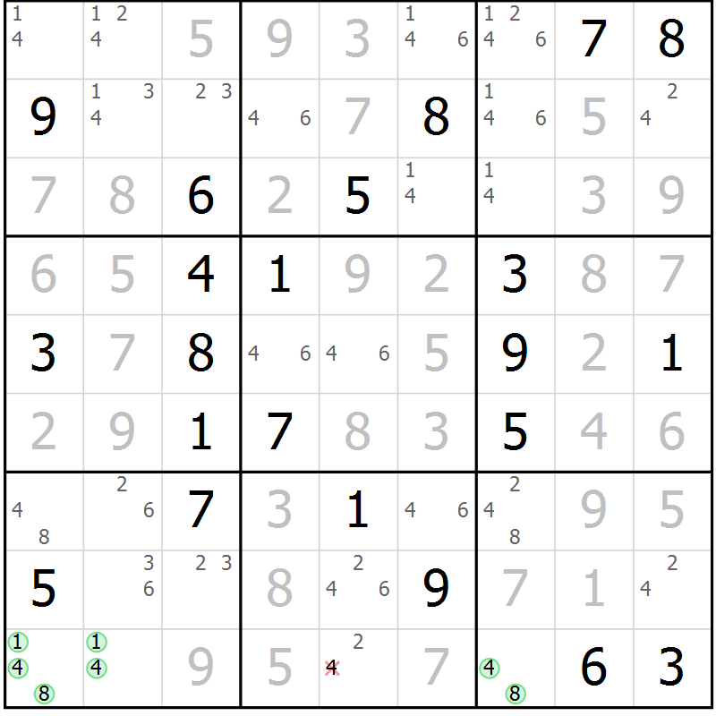 Position des candidats pour la solution de la Gr 127 page 130 du magazine de sudoku Giga sudoku niv 6-8 n° 024