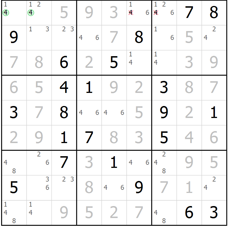 Position des candidats pour la solution de la Gr 127 page 130 du magazine de sudoku Giga sudoku niv 6-8 n° 024