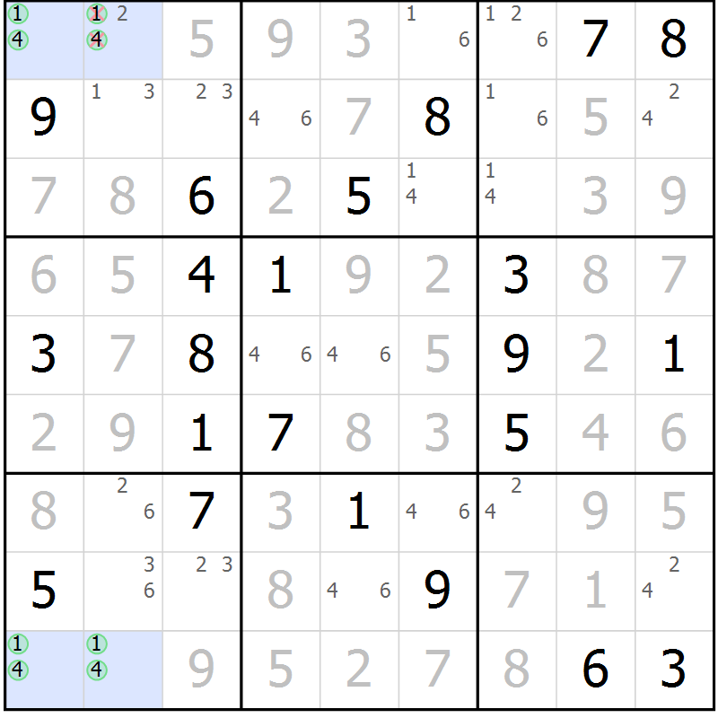 Position des candidats pour la solution de la Gr 127 page 130 du magazine de sudoku Giga sudoku niv 6-8 n° 024