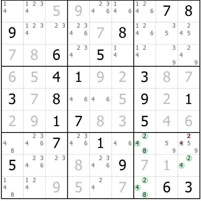 Position des candidats pour la solution de la Gr 127 page 130 du magazine de sudoku Giga sudoku niv 6-8 n° 024