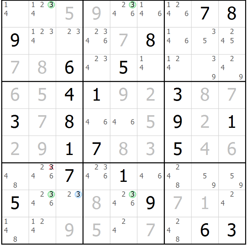 Position des candidats pour la solution de la Gr 127 page 130 du magazine de sudoku Giga sudoku niv 6-8 n° 024