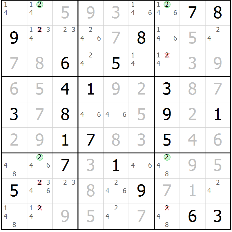 Position des candidats pour la solution de la Gr 127 page 130 du magazine de sudoku Giga sudoku niv 6-8 n° 024