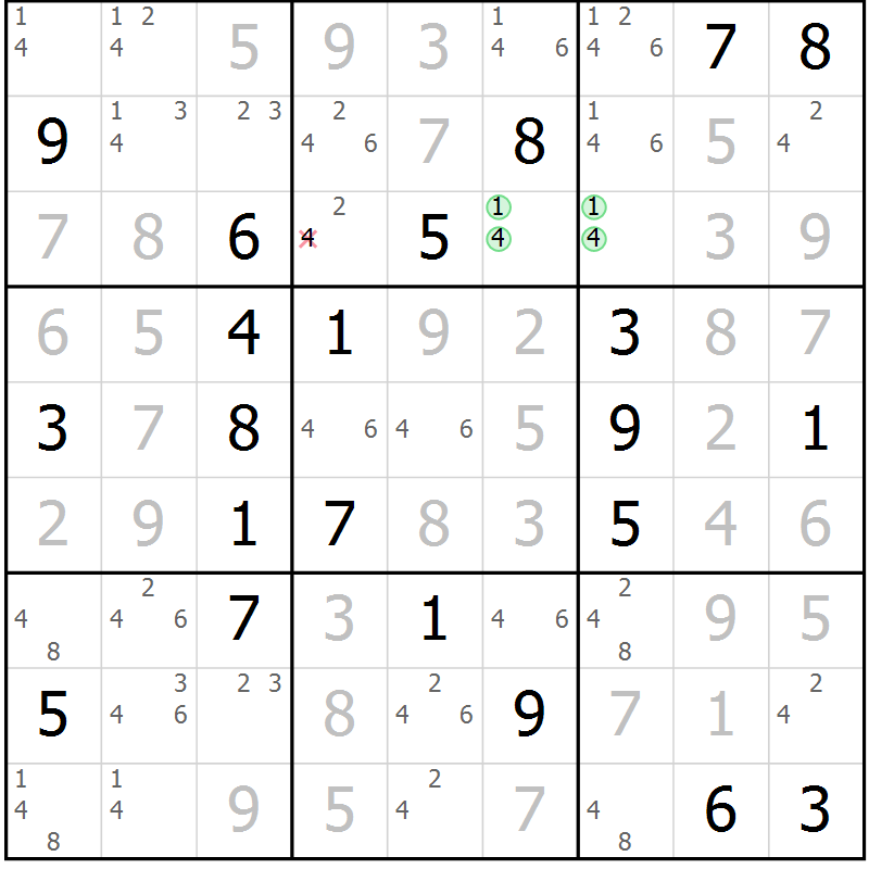 Position des candidats pour la solution de la Gr 127 page 130 du magazine de sudoku Giga sudoku niv 6-8 n° 024