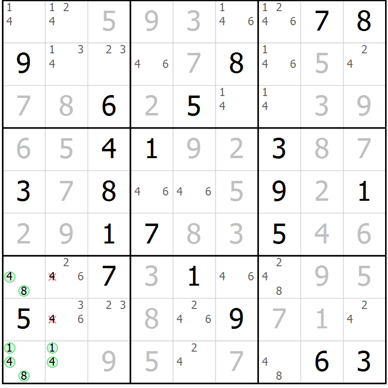Position des candidats pour la solution de la Gr 127 page 130 du magazine de sudoku Giga sudoku niv 6-8 n° 024