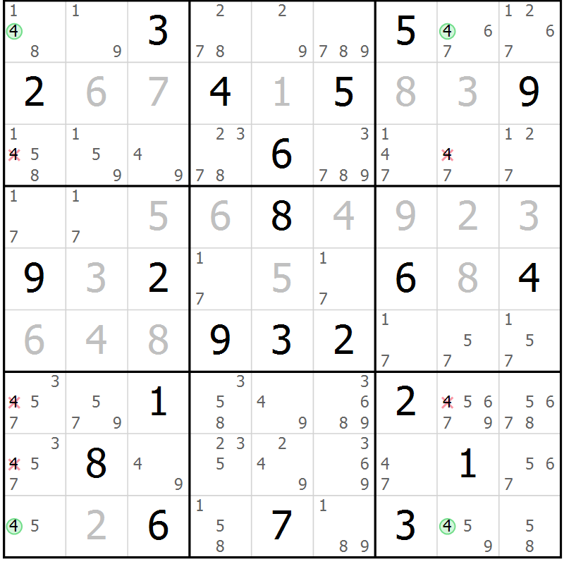Position des candidats pour la solution de la Gr 128 page 131 du magazine de sudoku Giga sudoku niv 6-8 n° 024