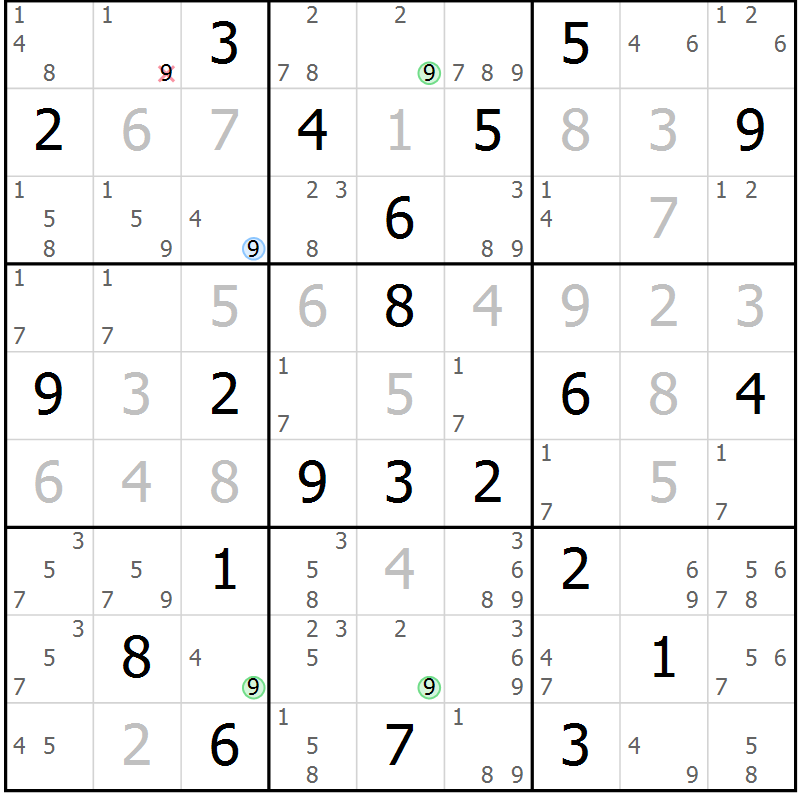 Position des candidats pour la solution de la Gr 128 page 131 du magazine de sudoku Giga sudoku niv 6-8 n° 024