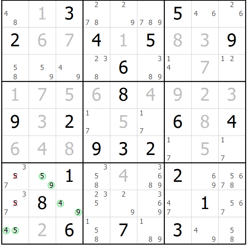 Position des candidats pour la solution de la Gr 128 page 131 du magazine de sudoku Giga sudoku niv 6-8 n° 024