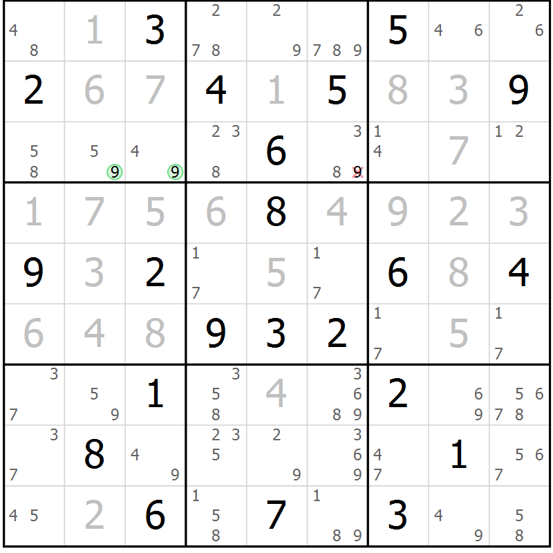 Position des candidats pour la solution de la Gr 128 page 131 du magazine de sudoku Giga sudoku niv 6-8 n° 024