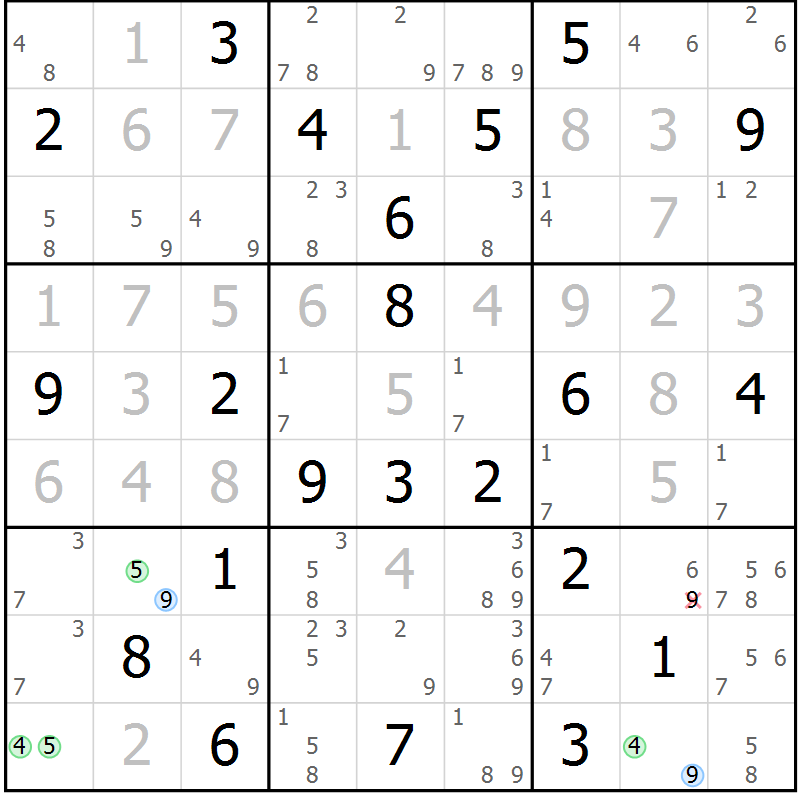 Position des candidats pour la solution de la Gr 128 page 131 du magazine de sudoku Giga sudoku niv 6-8 n° 024
