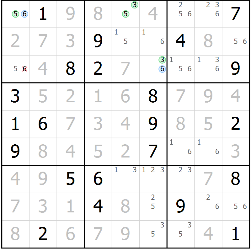 Position des candidats pour la solution de la Gr 129 page 132 du magazine de sudoku Giga sudoku niv 6-8 n° 024