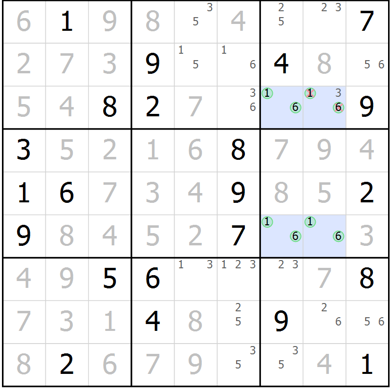 Position des candidats pour la solution de la Gr 129 page 132 du magazine de sudoku Giga sudoku niv 6-8 n° 024