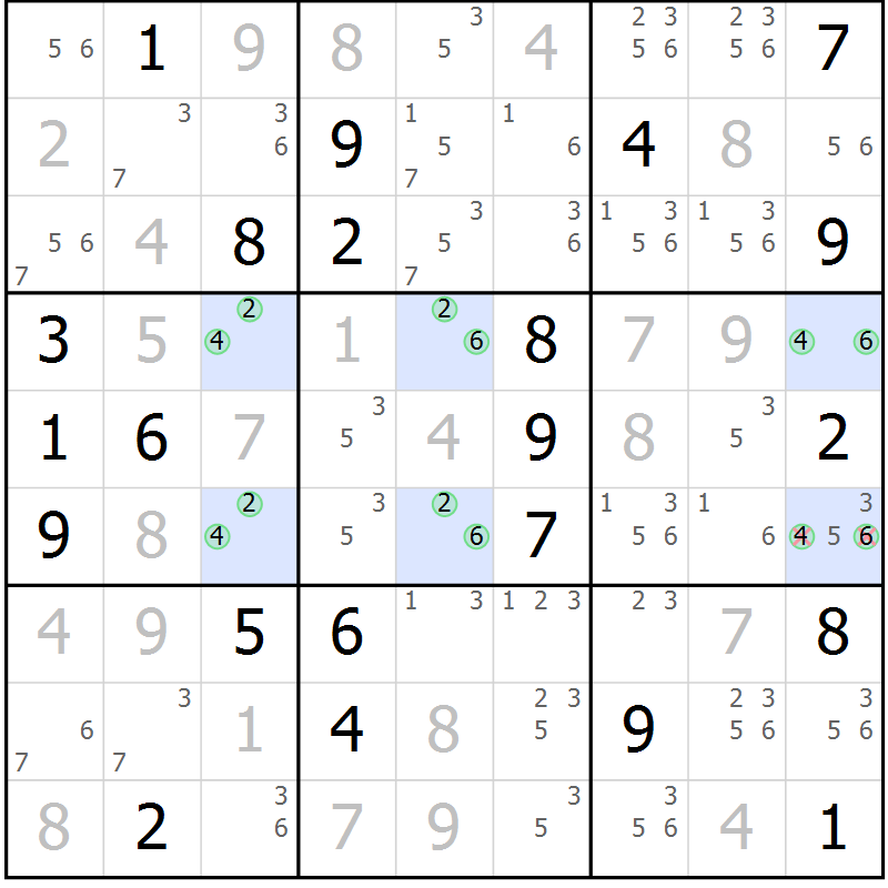 Position des candidats pour la solution de la Gr 129 page 132 du magazine de sudoku Giga sudoku niv 6-8 n° 024