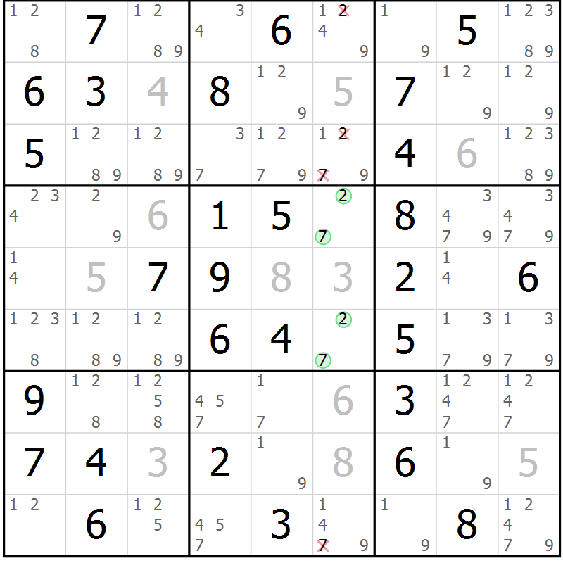 Position des candidats pour la solution de la Gr 13 page 16 du magazine de sudoku Giga sudoku niv 6-8 n° 024