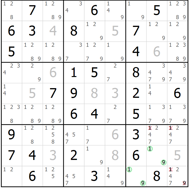 Position des candidats pour la solution de la Gr 13 page 16 du magazine de sudoku Giga sudoku niv 6-8 n° 024