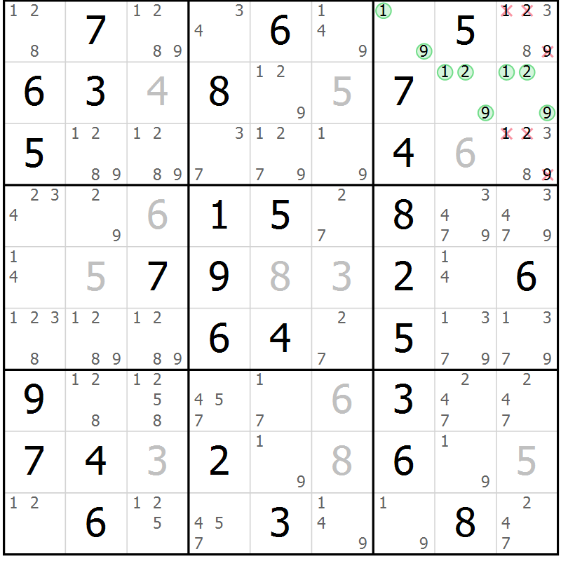 Position des candidats pour la solution de la Gr 13 page 16 du magazine de sudoku Giga sudoku niv 6-8 n° 024
