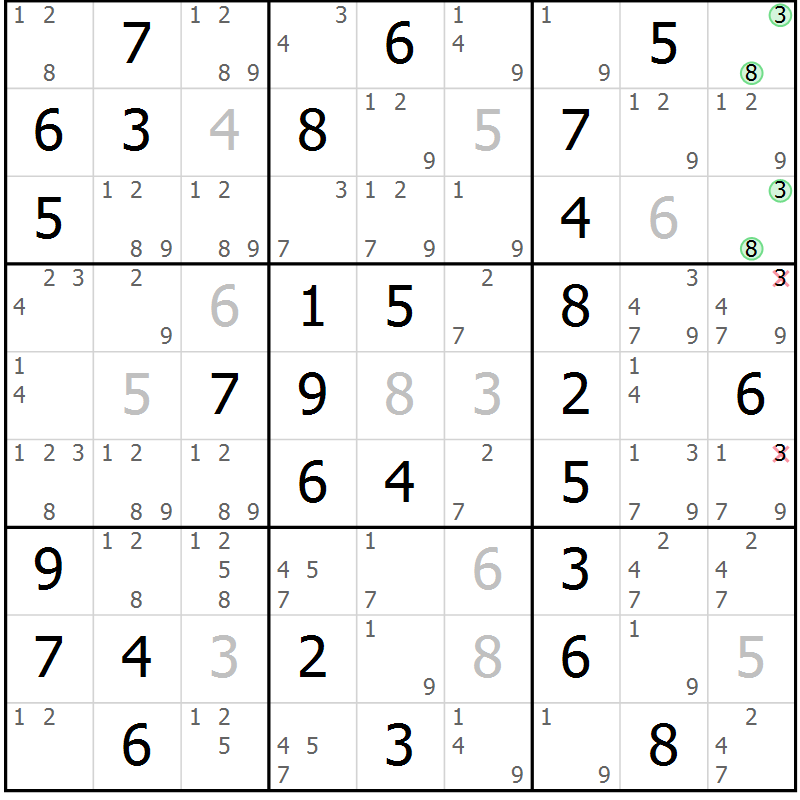 Position des candidats pour la solution de la Gr 13 page 16 du magazine de sudoku Giga sudoku niv 6-8 n° 024