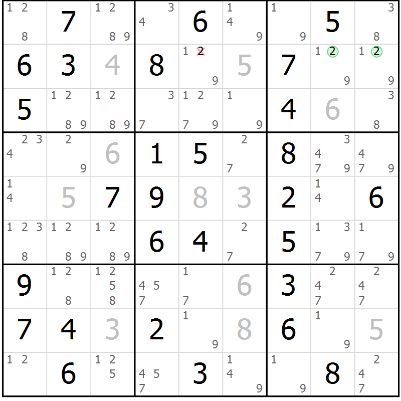 Position des candidats pour la solution de la Gr 13 page 16 du magazine de sudoku Giga sudoku niv 6-8 n° 024