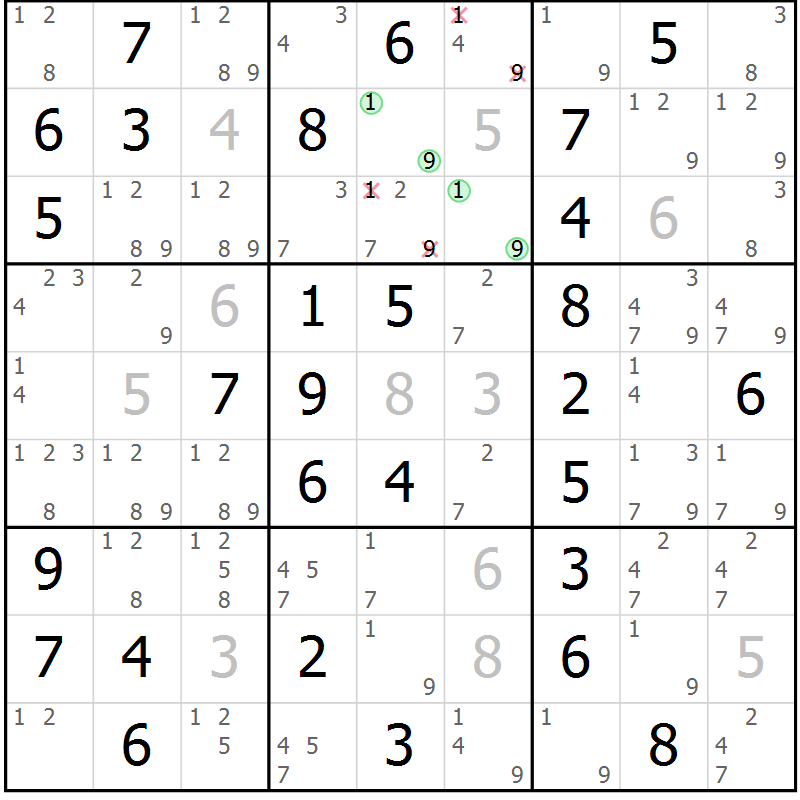 Position des candidats pour la solution de la Gr 13 page 16 du magazine de sudoku Giga sudoku niv 6-8 n° 024