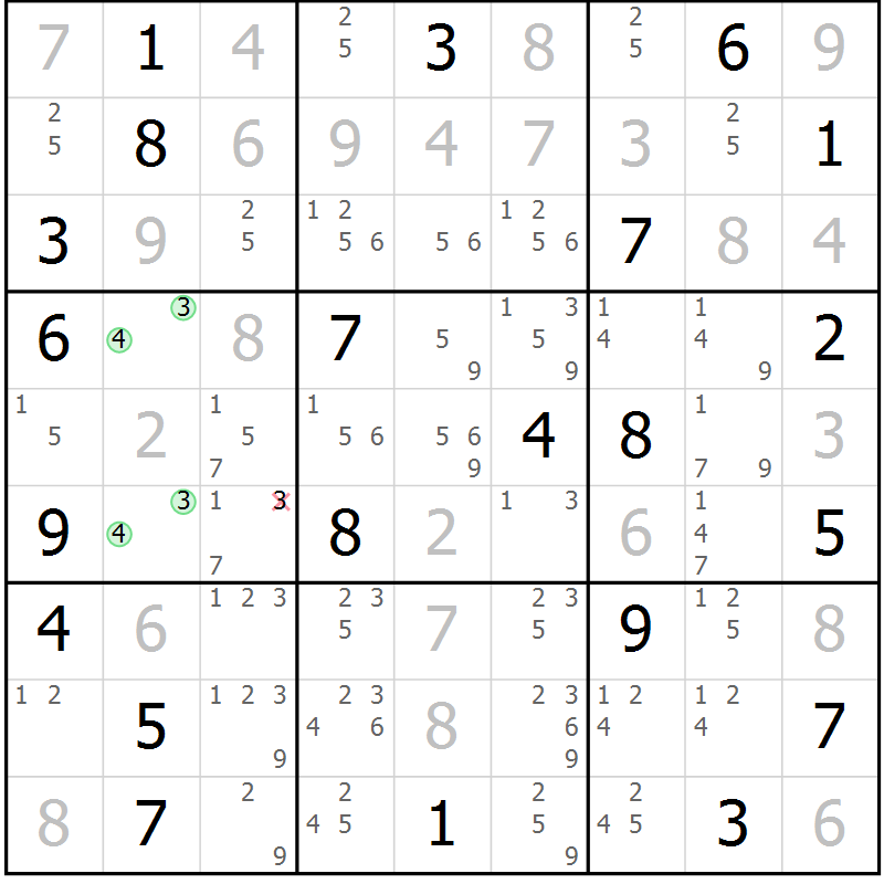 Position des candidats pour la solution de la Gr 130 page 133 du magazine de sudoku Giga sudoku niv 6-8 n° 024