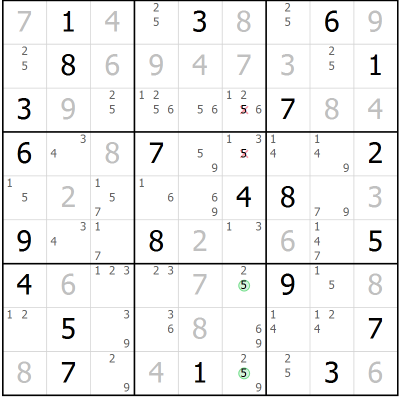Position des candidats pour la solution de la Gr 130 page 133 du magazine de sudoku Giga sudoku niv 6-8 n° 024