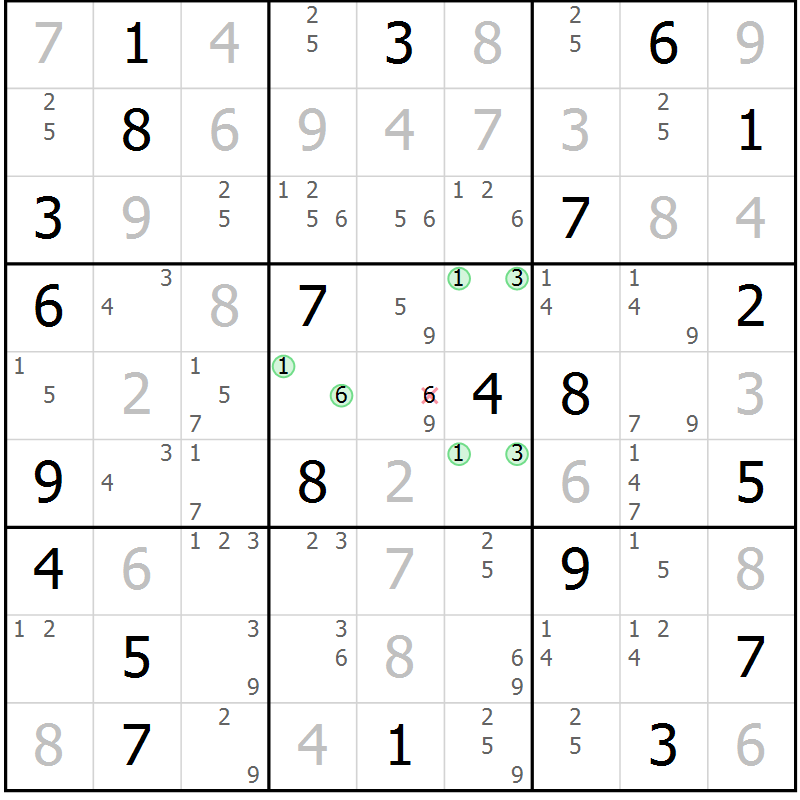 Position des candidats pour la solution de la Gr 130 page 133 du magazine de sudoku Giga sudoku niv 6-8 n° 024