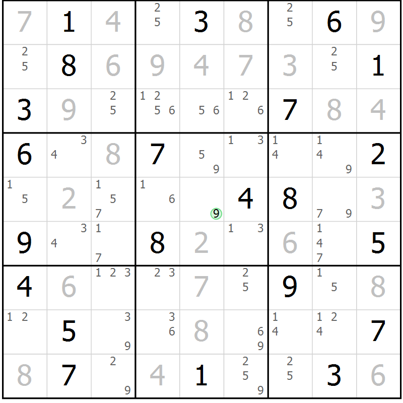 Position des candidats pour la solution de la Gr 130 page 133 du magazine de sudoku Giga sudoku niv 6-8 n° 024
