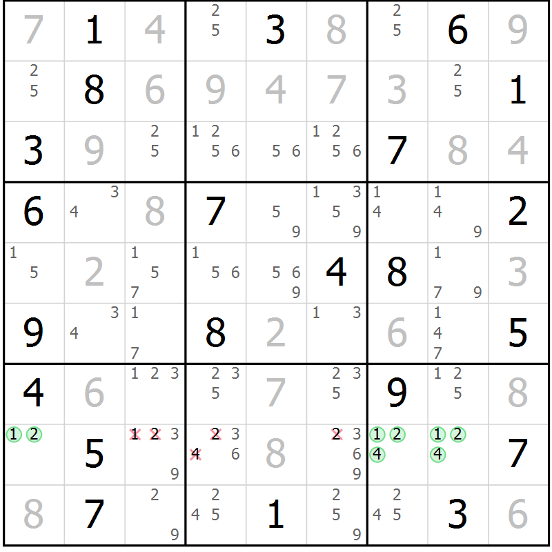 Position des candidats pour la solution de la Gr 130 page 133 du magazine de sudoku Giga sudoku niv 6-8 n° 024