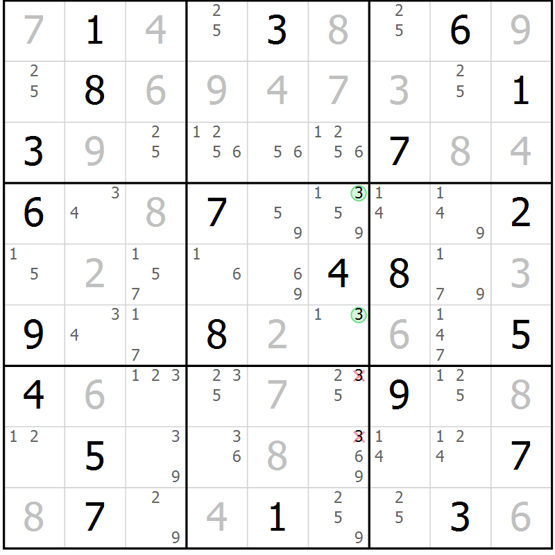 Position des candidats pour la solution de la Gr 130 page 133 du magazine de sudoku Giga sudoku niv 6-8 n° 024