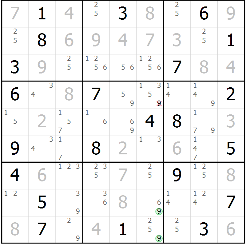 Position des candidats pour la solution de la Gr 130 page 133 du magazine de sudoku Giga sudoku niv 6-8 n° 024