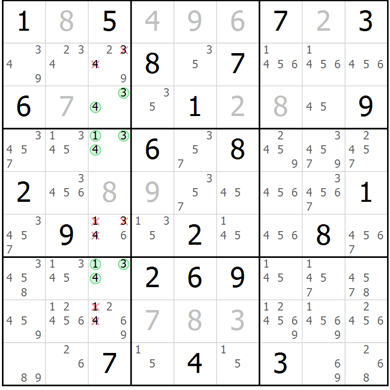 Position des candidats pour la solution de la Gr 132 page 135 du magazine de sudoku Giga sudoku niv 6-8 n° 024