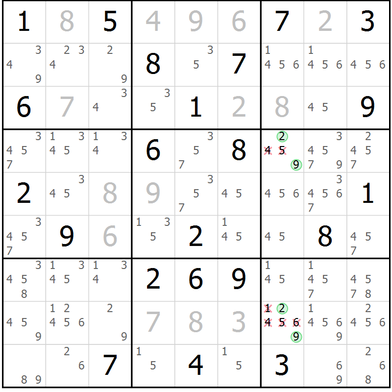 Position des candidats pour la solution de la Gr 132 page 135 du magazine de sudoku Giga sudoku niv 6-8 n° 024