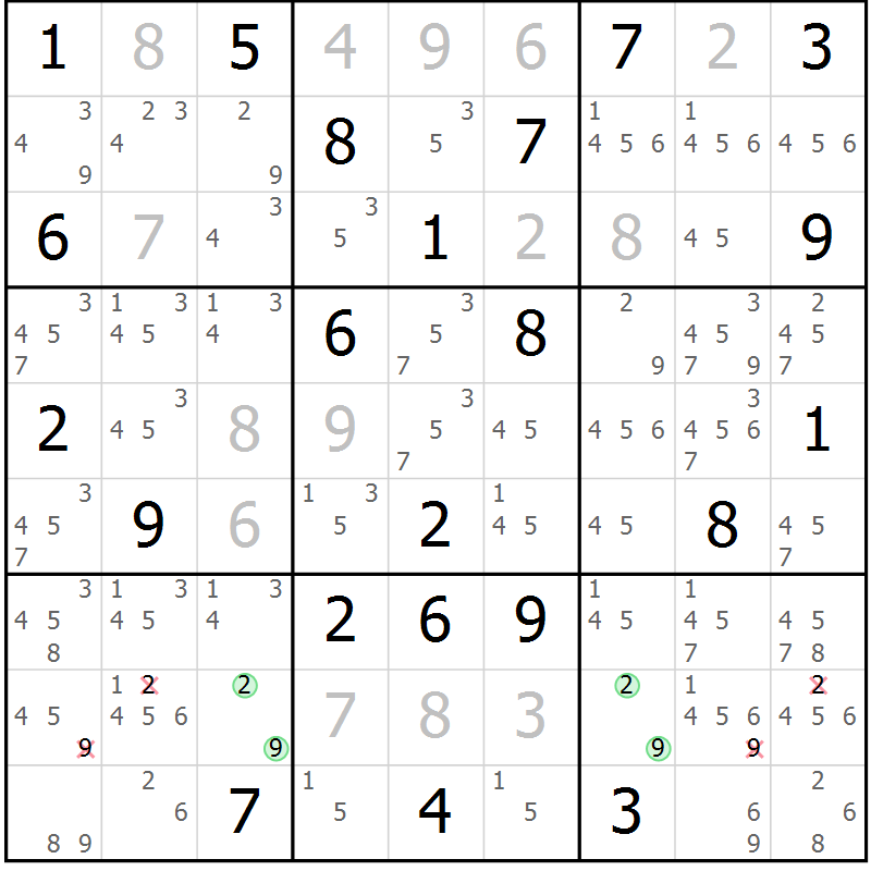 Position des candidats pour la solution de la Gr 132 page 135 du magazine de sudoku Giga sudoku niv 6-8 n° 024