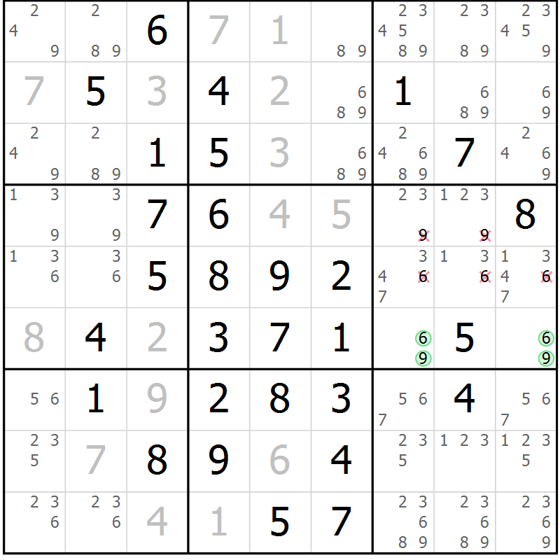 Position des candidats pour la solution de la Gr 14 page 17 du magazine de sudoku Giga sudoku niv 6-8 n° 024