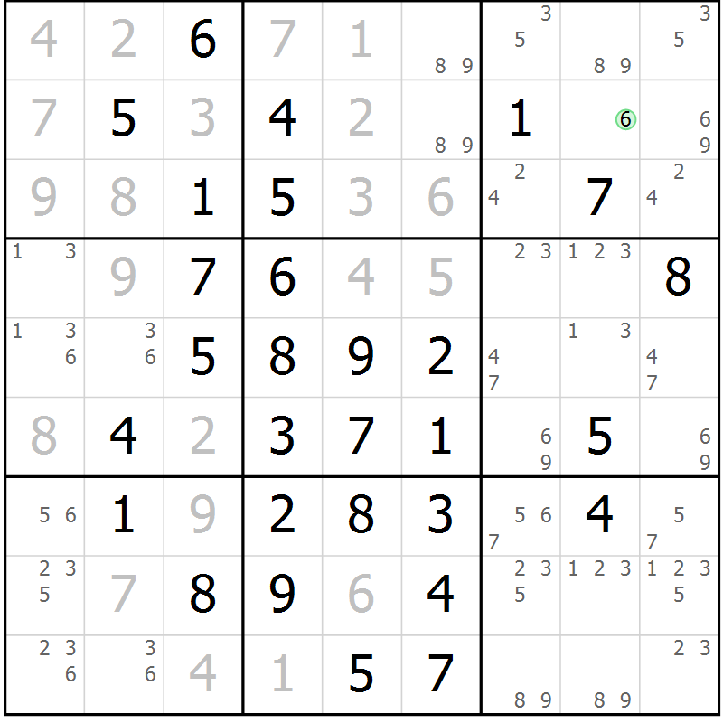 Position des candidats pour la solution de la Gr 14 page 17 du magazine de sudoku Giga sudoku niv 6-8 n° 024