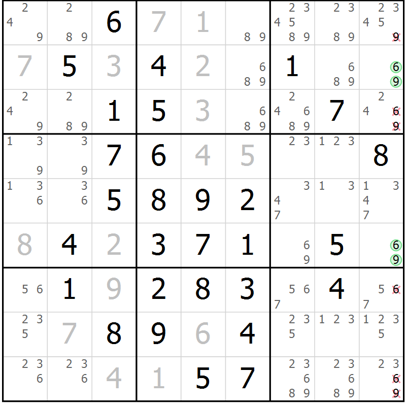 Position des candidats pour la solution de la Gr 14 page 17 du magazine de sudoku Giga sudoku niv 6-8 n° 024