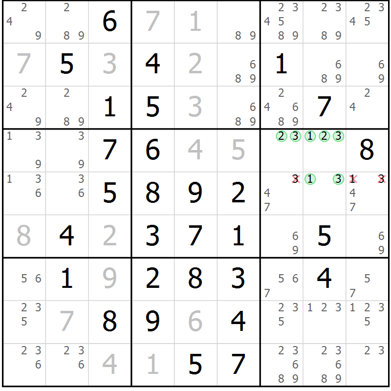 Position des candidats pour la solution de la Gr 14 page 17 du magazine de sudoku Giga sudoku niv 6-8 n° 024