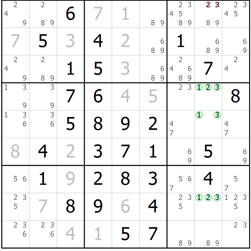 Position des candidats pour la solution de la Gr 14 page 17 du magazine de sudoku Giga sudoku niv 6-8 n° 024