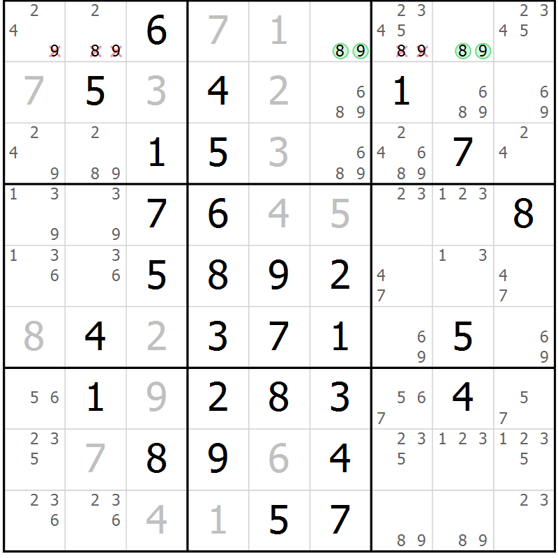 Position des candidats pour la solution de la Gr 14 page 17 du magazine de sudoku Giga sudoku niv 6-8 n° 024