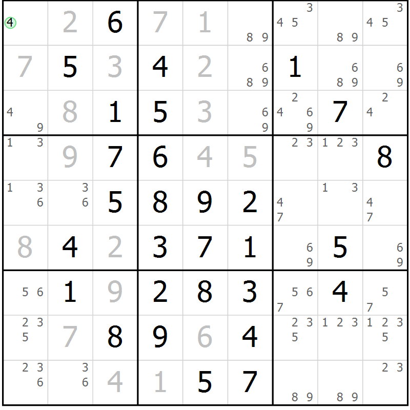 Position des candidats pour la solution de la Gr 14 page 17 du magazine de sudoku Giga sudoku niv 6-8 n° 024